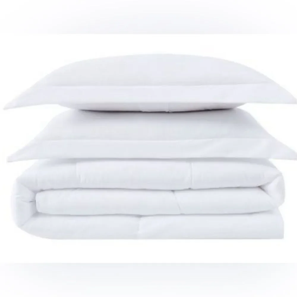 Three piece white antimicrobial odor control comforter set.  From Home Depot
